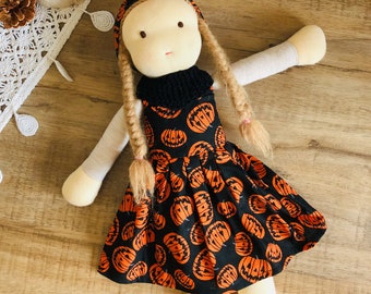 Halloween Pumpkin Doll, 16 Inch Handmade Waldorf Doll, Special Cotton Doll, Soft Long Hair Waldorf Doll, Halloween Gift
