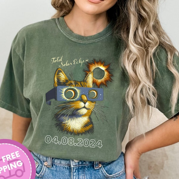 Chat drôle vêtu d'une chemise pour spectateurs de l'éclipse solaire, t-shirt vintage éclipse solaire totale, 8 avril 2024, cadeau pour amoureux des chats, souvenir d'éclipse solaire