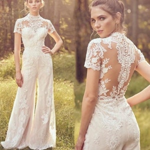 Elegant Lace Bridal Pantsuit | Luxury Bridal Short Sleeve Jumpsuit |