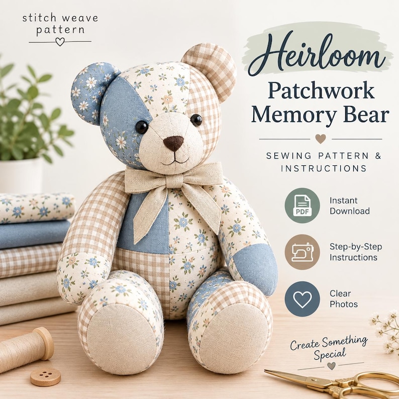 May include: A patchwork teddy bear made of blue floral, beige gingham, and solid cream fabric panels. The bear features a brown stitched nose, black eyes, and a cream-colored ribbon bow at the neck. Text reads: stitch weave pattern, Heirloom Patchwork Memory Bear, SEWING PATTERN & INSTRUCTIONS, Instant Download, Step-by-Step Instructions, Clear Photos, Create Something Special.