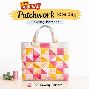 Modello PDF per cucire una borsa tote trapuntata / Tutorial per mini borsa patchwork / Borsa a quattro quadrati e triangoli / Progetto Fat Quarter con ritagli di stoffa