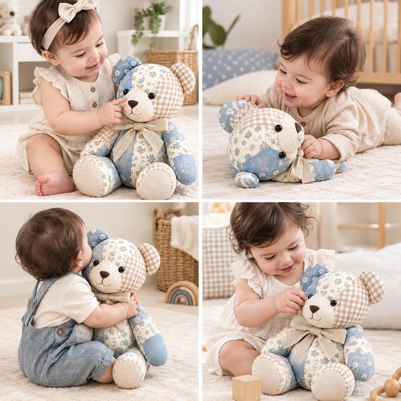 May include: A patchwork teddy bear constructed from various fabric patterns in shades of blue, beige, and white. The stuffed animal features a beige snout, dark button eyes, a stitched nose, and a light-colored fabric bow tied around its neck.