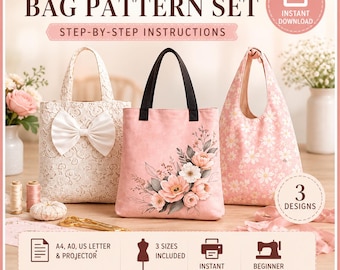 3 Tote Bag Sewing Patterns Bundle, Ruffle, Boho, Foldaway (PDF Download)