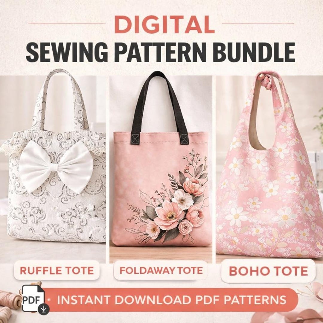 3 Tote Bag Digital Sewing Pattern Bundle PDF, Ruffle Boho Foldaway Bag ...