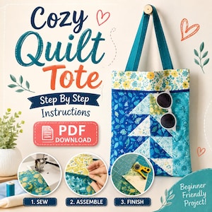 Pode incluir: Um padrão digital para uma bolsa acolchoada Cozy Quilt Tote com instruções passo a passo em download PDF. A imagem mostra uma bolsa azul e amarela com estampa floral e três fotos circulares ilustrando a costura, montagem e acabamento.