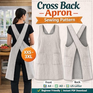 Patrón de costura en PDF para delantal con espalda cruzada / Patrón de delantal estilo japonés sin lazo / Proyecto de costura fácil para principiantes (mujeres)