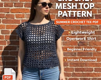 Patroon gehaakte top van mesh | Gehaakt zomershirt | Opengewerkt T-shirt met kant | Lichtgewicht gehaakt blousepatroon | Moderne gehaakte top pdf