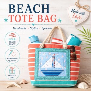 May include: A coral and white striped tote bag with rope handles, featuring a central quilted square patch depicting a blue and white sailboat. The bag contains a blue water bottle, a striped towel, and sunglasses, with text reading BEACH TOTE BAG.