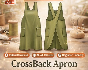 Schort met gekruiste achterkant naaipatroon pdf • Makkelijke schort voor beginners • Japanse schort• Kunstenaars- en keukenschort • Digitale download • Overgooier