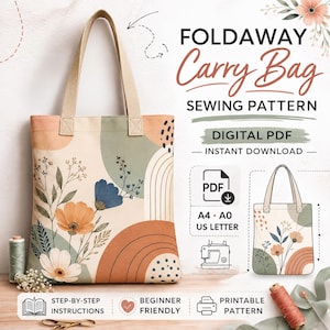 May include: A foldaway carry bag sewing pattern digital PDF with instant download. The tote bag features a cream background with floral illustrations, blue and orange petals, and abstract arches. Includes A4, A0, and US letter size formats.