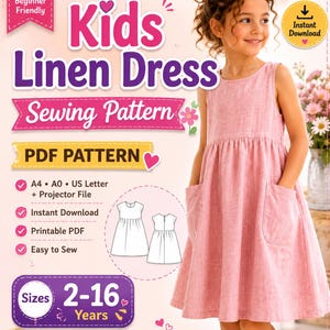 Può includere: Un cartamodello digitale per un vestito senza maniche in lino rosa con due tasche frontali. Il testo recita Kids Linen Dress Sewing Pattern, PDF PATTERN, A4, A0, US Letter, Projector File, Instant Download, Printable PDF, Easy to Sew, Sizes 2-16 Years.
