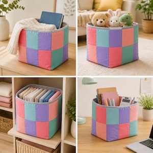 May include: A square fabric storage bin featuring a patchwork design of alternating pink, purple, and teal rectangular panels. The container has a light gray trim along the top edge and is shown holding various items like books, toys, and stationery.