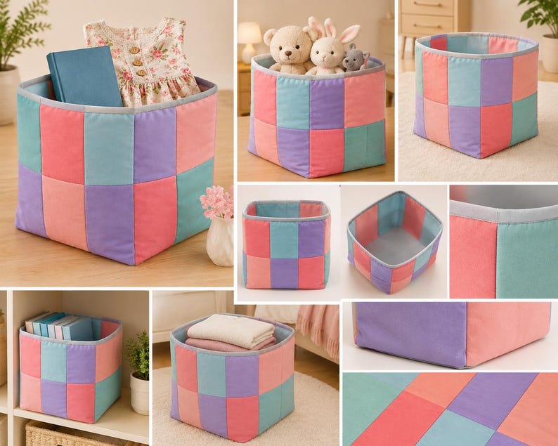 May include: A square storage bin featuring a patchwork design of rectangular fabric panels in pastel shades of pink, purple, blue, and teal. The bin has a light gray fabric trim along the top edge and a solid light gray interior lining.