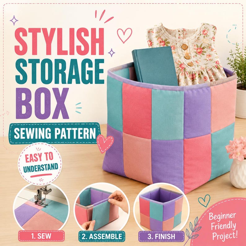 May include: A square fabric storage box featuring a patchwork design of alternating teal, lavender, and coral rectangular panels. The box contains a teal book and a floral print dress. Text on the image reads STYLISH STORAGE BOX SEWING PATTERN.