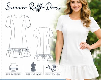 Schnittmuster Sommerkleid | Puffärmel A-Linie Minikleid | Rüschensaum Kleidermuster | PDF Digitaler Download | Schnittmuster zum Nähen von Schnittmustern