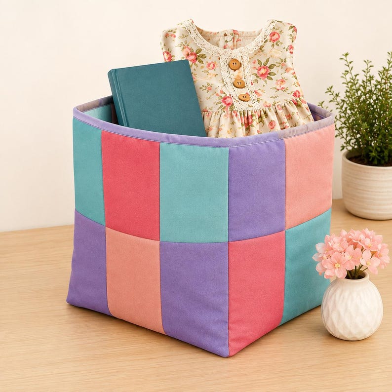 May include: A square fabric storage bin featuring a patchwork design of alternating teal, coral, and lavender rectangular panels. The bin contains a teal notebook and a floral print dress with three wooden buttons at the neckline.