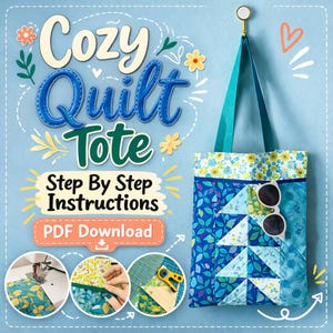 Könnte beinhalten: Eine blaue, gesteppte Tragetasche mit Blumenmuster und Sonnenbrille, die an einem Haken hängt. Die Tasche hat einen türkisfarbenen Riemen und ein Design, das einem Baum ähnelt. Der Text auf dem Bild lautet "Cozy Quilt Tote" und "Step By Step Instructions PDF Download".