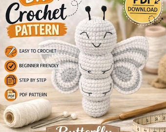 Gehaakt vlinderpatroon, pdf-tutorial amigurumi-insecten, pdf pluche vlinderspeelgoed, haakpatroon voor beginners