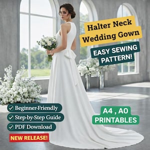 Patrón de costura para vestido largo de novia con cuello halter en PDF: elegante vestido de novia y para invitadas de boda hasta el suelo, patrón de vestido de satén, tamaño A4, A0, carta estadounidense.