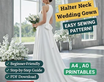 Halter bruiloft maxi-jurk naaipatroon pdf – elegante vloerlengte bruids- en gastjurk, satijnen jurkpatroon A4 A0 US Letter