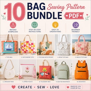 10 Bag Sewing Patterns Bundle PDF | Tote Bag, Backpack, Zipper Pouch, Crescent Bag, Patchwork Bag | Instant Download | A4 A0 US Letter