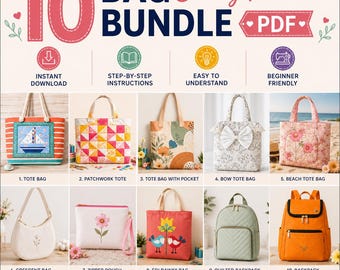 10 Bag Sewing Patterns Bundle PDF | Tote, Backpack, Pouch, Crescent, Patchwork (Digital Download)