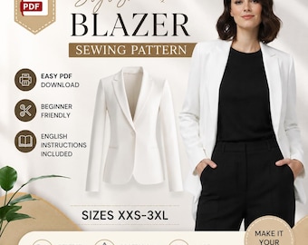 Women’s Blazer Sewing Pattern PDF, DIY Button Jacket Pattern, Women’s Tailored Blazer Pattern, XS–4XL