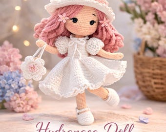 Patroon hortensia gehaakte pop pdf, amigurumi-tutorial bloemenmeisje pop, gehaakte pop met jurk hoedentas, digitaal downloadcadeau