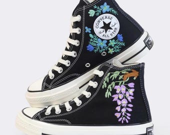 Embroidered Converse High Tops, Purple Flower Sneakers, Custom Gifts