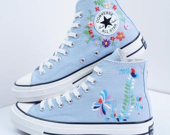 Embroidered Floral Converse Chuck Taylor 1970s: Light Blue Wedding Shoes