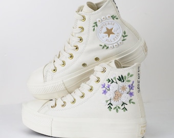 Custom Embroidered Converse Platform Sneakers: Bridal Floral Wedding Shoes