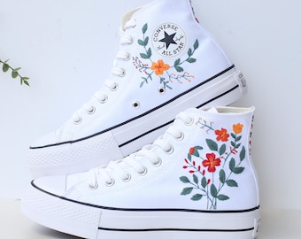 Custom Embroidered Floral Wedding Converse Platform Sneakers