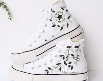 Custom Embroidered Wedding Converse Platform Sneakers: Floral Bridal Shoes