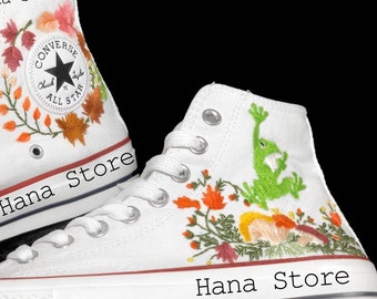 Embroidered Converse High Tops: Custom Frog & Mushroom Shoes
