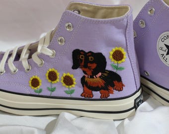 Embroidered Converse High Tops: Sunflower and Dog, Personalized Pet Gift