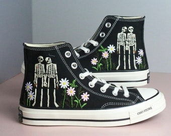 Embroidered Converse Sneakers: Custom Bone Love, Skeleton Shoes