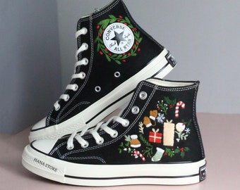 Embroidered Christmas Converse Sneakers, Santa Claus, Reindeer, Snowflakes