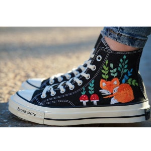 Custom embroidery converse shoes /Embroidered Converse High Tops Fox Mushroom And Purple Leaves/ custom converse pet / Mushroom embroidery