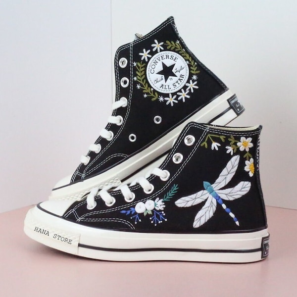 Embroidered Converse Chuck Taylor Sneakers: Dragonfly & Flower Design