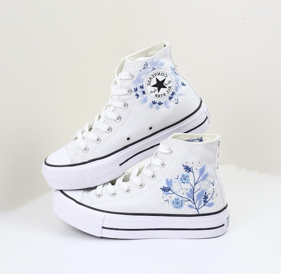 Custom Embroidered Wedding Converse Platform Sneakers: Floral Bridal Shoes