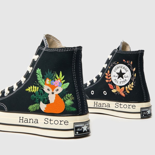 Embroidered Converse/ Embroidered Converse High Tops Fox And Flower Garden/ Custom Converse Pet/ Fox Embroidered Sneakers/ Gift For Her