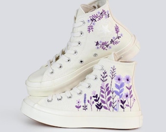 Custom Embroidered Converse Sneakers, Bridal Purple Flowers Shoes
