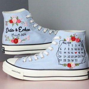 Wedding Converse for Bridal, Embroidered Wedding Shoes with Your Names and Wedding Date,  Unique & Personal Bridal Shoes, Gift for Her