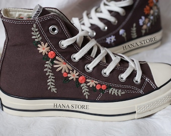 Tops altos converse bordados personalizados/zapatos bordados de flores/bordado chuck taylor marrón converse/ regalo personalizado/zapatos de regalo de cumpleaños