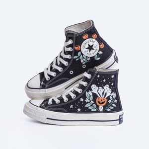 Custom Halloween Converse Sneakers, Ghost Embroidered Shoes, Halloween Vibes Embroidered Sneakers, Embroidery Converse Ghost, Pumpkin Gifts