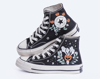 Custom Halloween Embroidered Converse Sneakers, Ghost & Pumpkin Design
