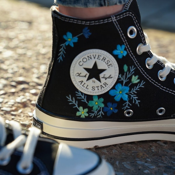 Embroidered converses custom purple flower/ Converse high tops  embroidered flower/ Flower embroidered sneakers/ shoes for the family