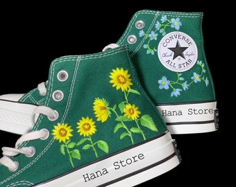 Embroidered converse custom sunflower/Converse high tops  embroidered sunflower/Personalized name and date/sunflower embroidered sneakers