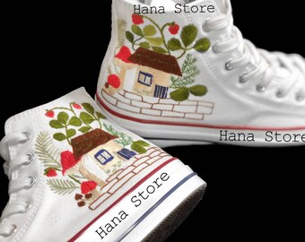 Embroidered Converse Shoes, Strawberry & Grapes Design, Custom Anniversary Gift