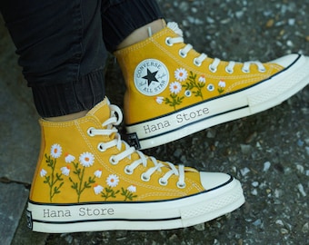 Custom Embroidery Converse Sneakers/Flower Embroidered Shoes/Chrysanthemum Embroidered high Tops Shoes/ Chrysanthemum Embroidered Shoes